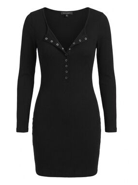 NWOT Bodycon Black Long Sleeve Ribbed Dress with Button Accents Deep Plunge Sz M